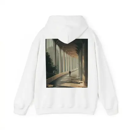 Lone Figure Walking Sunlit Arched Corridor