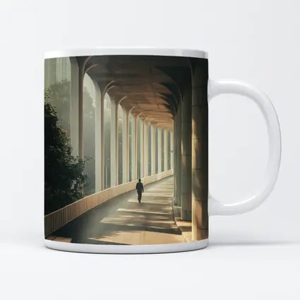 Lone Figure Walking Sunlit Arched Corridor