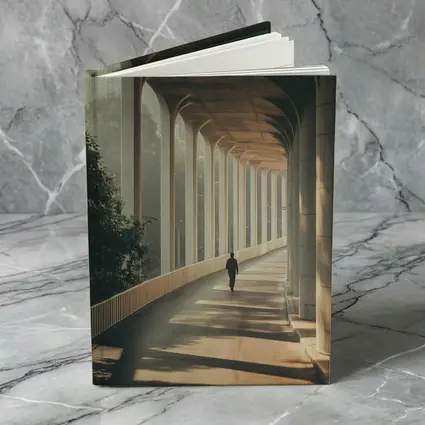 Lone Figure Walking Sunlit Arched Corridor