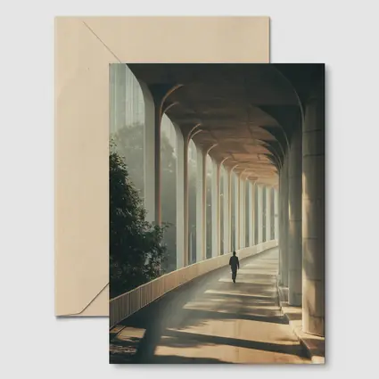 Lone Figure Walking Sunlit Arched Corridor