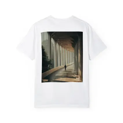 Lone Figure Walking Sunlit Arched Corridor