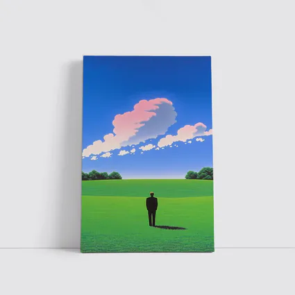 Solitary Man Standing Green Field Blue Sky