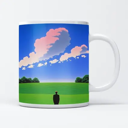 Solitary Man Standing Green Field Blue Sky