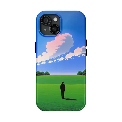 Solitary Man Standing Green Field Blue Sky