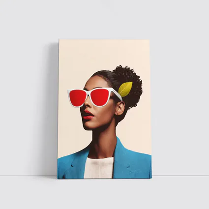 Woman Red Sunglasses Blue Jacket Leaf