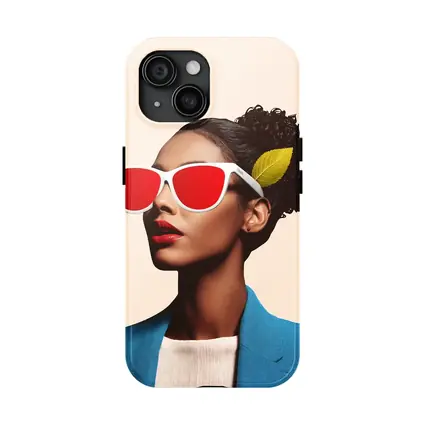 Woman Red Sunglasses Blue Jacket Leaf