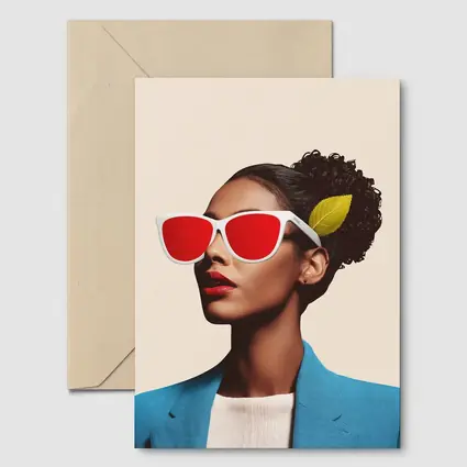 Woman Red Sunglasses Blue Jacket Leaf