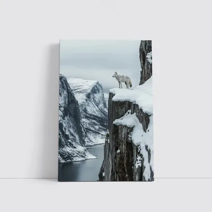White Wolf Standing On Snowy Cliff