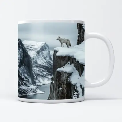 White Wolf Standing On Snowy Cliff