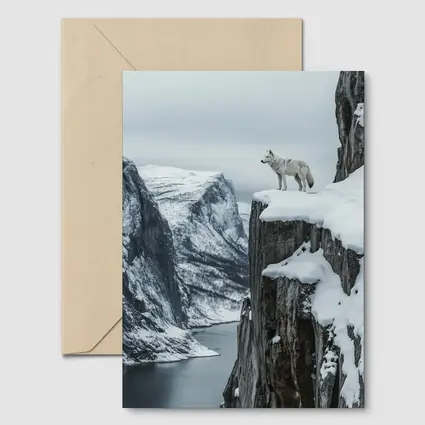White Wolf Standing On Snowy Cliff