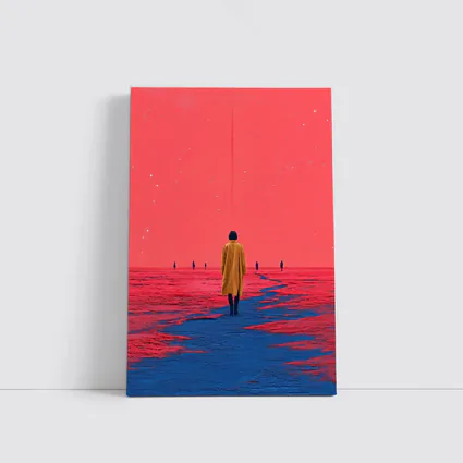 Lone Figure Red Sky Surreal Landscape Art