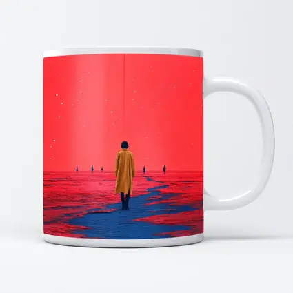 Lone Figure Red Sky Surreal Landscape Art