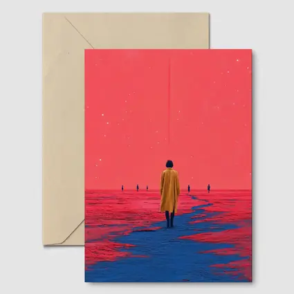 Lone Figure Red Sky Surreal Landscape Art