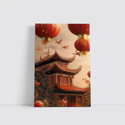 Chinese Temple Red Lanterns Phoenix Birds Sky