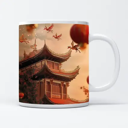 Chinese Temple Red Lanterns Phoenix Birds Sky