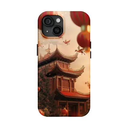 Chinese Temple Red Lanterns Phoenix Birds Sky
