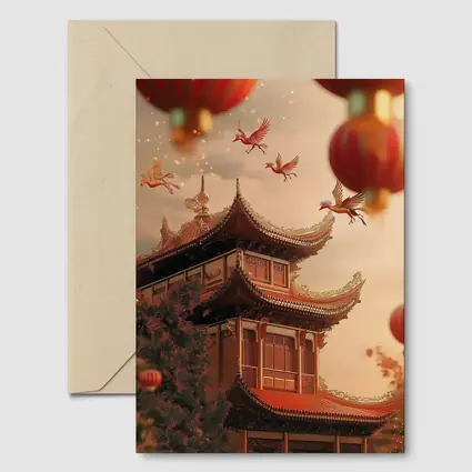 Chinese Temple Red Lanterns Phoenix Birds Sky