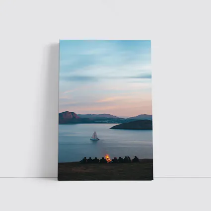 Friends Campfire Sailboat Mountain Sunset Lake