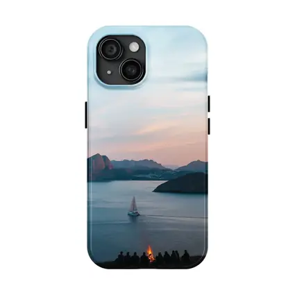 Friends Campfire Sailboat Mountain Sunset Lake