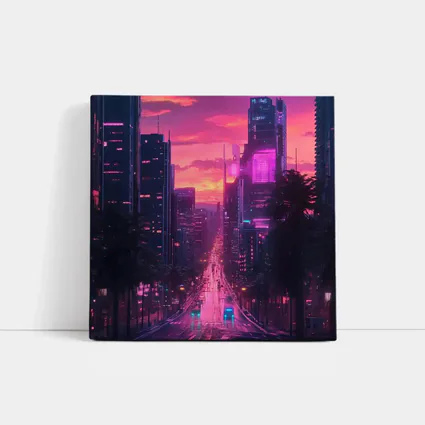 Neon City Street Pink Sunset Skyline