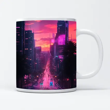 Neon City Street Pink Sunset Skyline