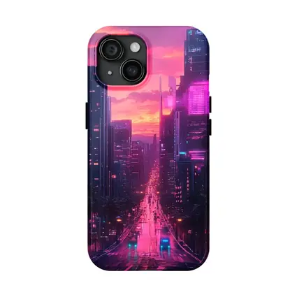Neon City Street Pink Sunset Skyline