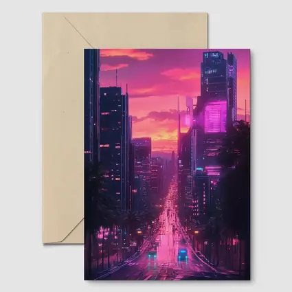 Neon City Street Pink Sunset Skyline