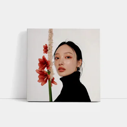 Asian Woman Portrait Red Amaryllis Flowers