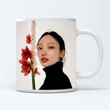 Asian Woman Portrait Red Amaryllis Flowers