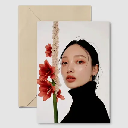 Asian Woman Portrait Red Amaryllis Flowers
