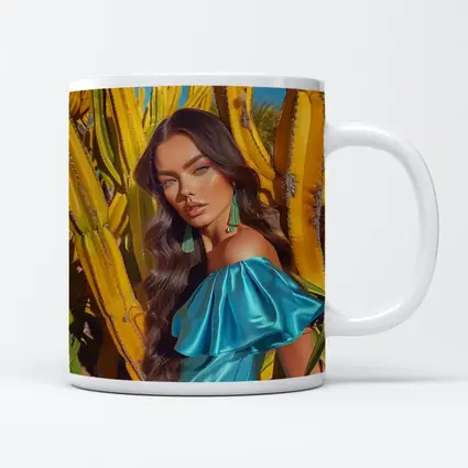 Woman Blue Dress Among Yellow Cacti