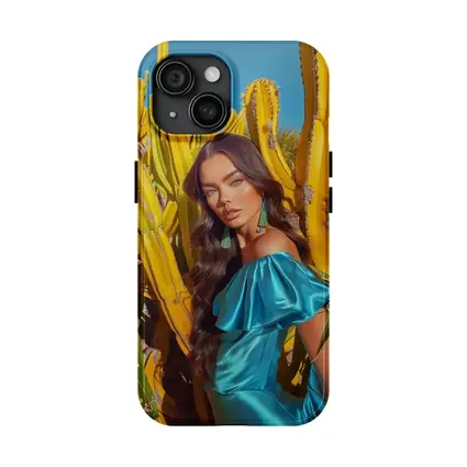 Woman Blue Dress Among Yellow Cacti