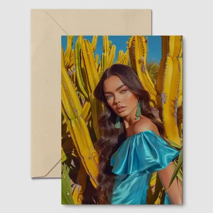 Woman Blue Dress Among Yellow Cacti