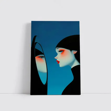 Woman Looking Into Mirror Blue Background