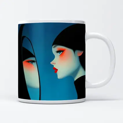 Woman Looking Into Mirror Blue Background