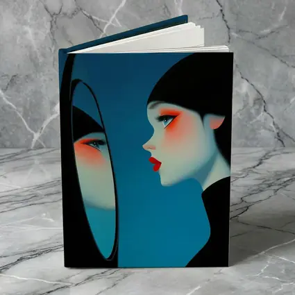 Woman Looking Into Mirror Blue Background