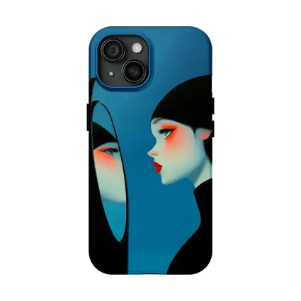 Woman Looking Into Mirror Blue Background