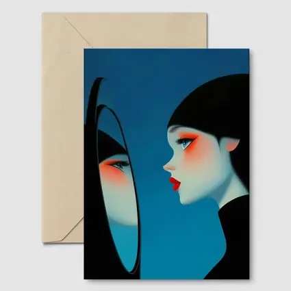 Woman Looking Into Mirror Blue Background