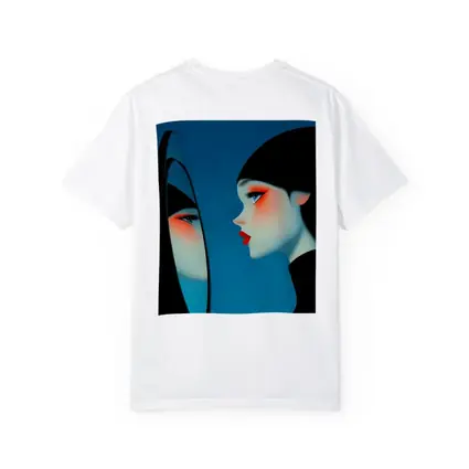 Woman Looking Into Mirror Blue Background