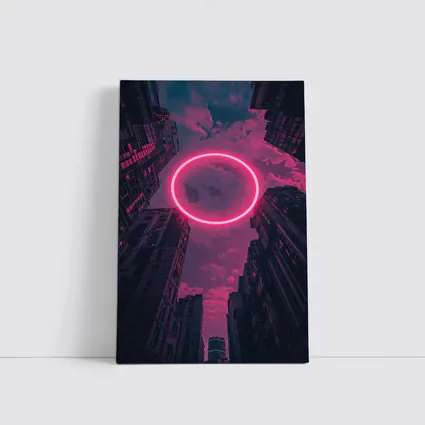 Neon Pink Circle City Buildings Night Sky