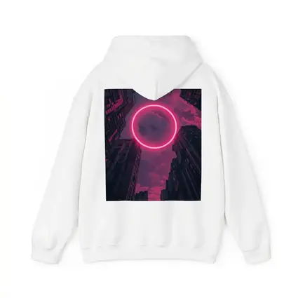 Neon Pink Circle City Buildings Night Sky