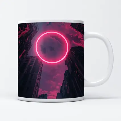 Neon Pink Circle City Buildings Night Sky
