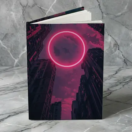 Neon Pink Circle City Buildings Night Sky