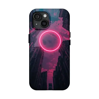 Neon Pink Circle City Buildings Night Sky