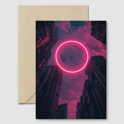 Neon Pink Circle City Buildings Night Sky