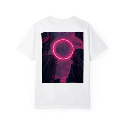 Neon Pink Circle City Buildings Night Sky