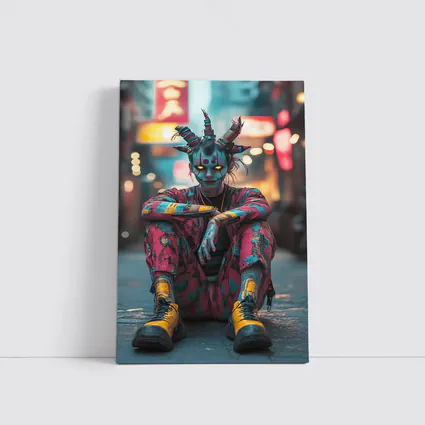 Cyberpunk Demon Figure Glowing Eyes City Street