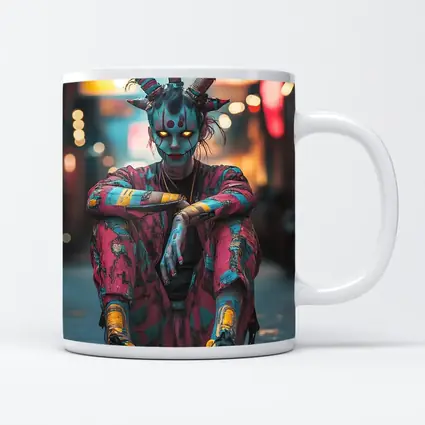 Cyberpunk Demon Figure Glowing Eyes City Street