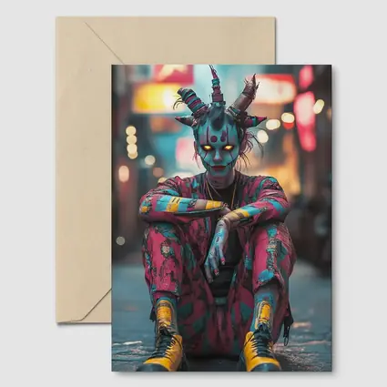 Cyberpunk Demon Figure Glowing Eyes City Street