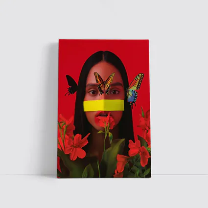 Woman Butterflies Red Flowers Bold Portrait